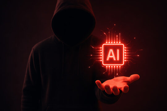 Mysterious hacker holding glowing red artificial intelligence microchip showing potential dark web cybersecurity threats and risks of unethical ai usage and data breach