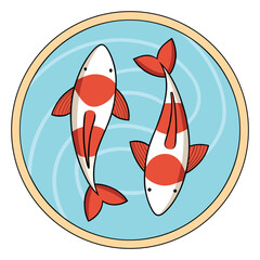 Two koi fish in a bowl on a white background