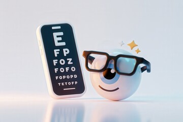Eye exam concept with smiling cartoon eye wearing glasses