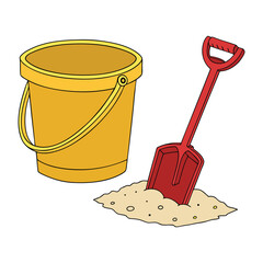 Beach toys bucket and shovel on white background