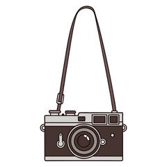 Vintage camera with strap on white background