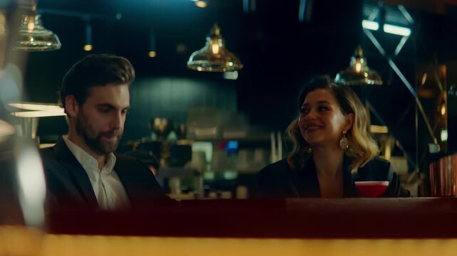 Beautiful Caucasian couple having a date in a stylish restaurant, talking and laughing. Shot with 2x anamorphic lens