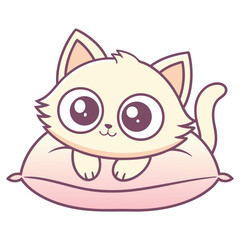 Cute cartoon cat sitting on a pillow on white background