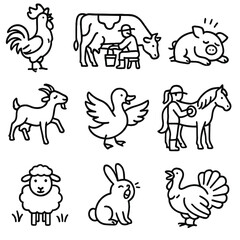 Morning Farm Icons. Outline style icons of Morning Farm Life: rooster crowing, cow being milked, pig waking up, goat stretching,