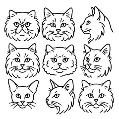 Obraz premium Fluffy Cat Icons. Outline style icons of Fluffy Cat Breeds Heads: Himalayan cat face, Norwegian Forest cat head, Turkish Angora