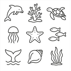 Obraz premium Marine Life Icons. Outline style icons of Marine and Ocean Life: dolphin, coral reef, sea turtle, jellyfish, starfish, school of