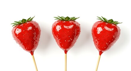 Red sugar-coated strawberries on wooden sticks arranged in row on solid white background