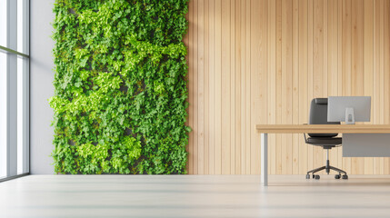 Serene eco friendly office with vertical wall of greenery and modern desk setup