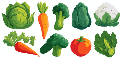 
A set of vegetables in a flat vector style, on a white background, with simple shapes, in cartoon design, vector art, vector illustration, clipart, vector style, on a white background.