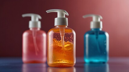 Colorful Liquid Soap Bottles on Reflective Surface with Bright Light V6