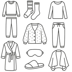 Fototapeta premium Cozy Winterwear Icons. Outline style icons of Cozy Indoor Winterwear: fleece pajama set, knitted socks, long thermal tee, home