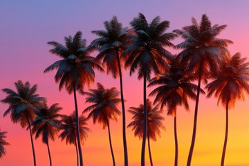 Majestic silhouettes of palm trees against a stunning sunset creating vibrant hues of orange and purple embodying the essence of tropical paradise and serene natural beauty