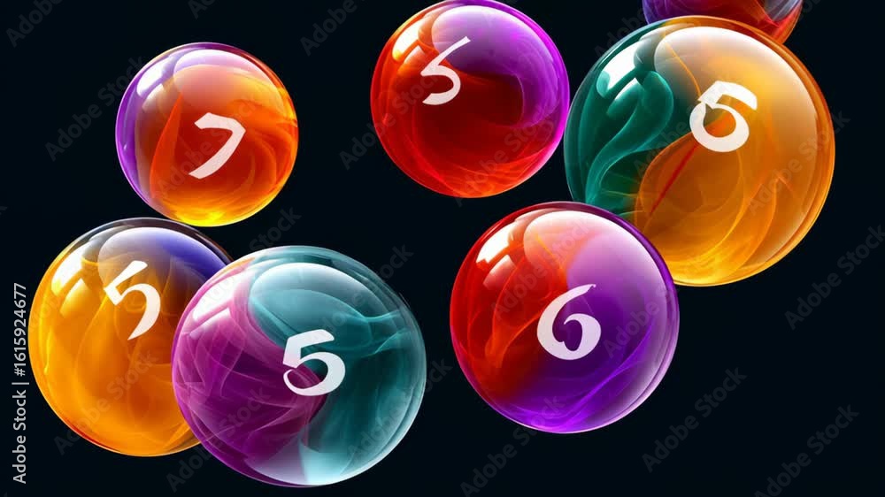Poster colorful abstract spheres with swirling patterns and numbers floating against a dark background, sho