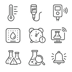 Experimental Safety Icons. Outline style icons of Experimental Safety Monitoring: temperature control icon, pH monitor, gas