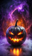 Spooky jack-o'-lantern glowing with eerie light amidst swirling purple and orange smoke for Halloween