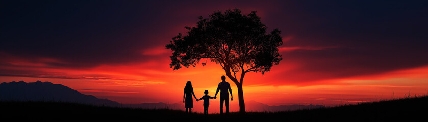 Family silhouette parents child holding hands tree sunset outdoors vibrant sky