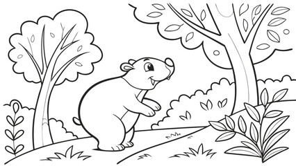 Vector Cartoon funny Animal, funny image in the forest, Coloring book page for children. Line Art isolated on white background