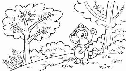 Vector Cartoon funny Animal, funny image in the forest, Coloring book page for children. Line Art isolated on white background