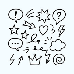 Set of hand-drawn comic doodle elements. Pop art speech bubbles, arrows and symbols.
