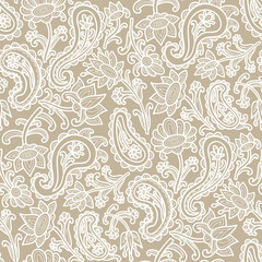 Fototapeta premium Paisley floral pattern, abstraction, swirl flowers, white and beige colors. Seamless floral pattern-811.