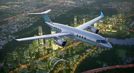 Futuristic electric airplane flying over a glowing green energy-powered city