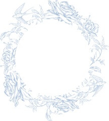 Vintage Toile de Jouy card with Blue flowers and Swallows.