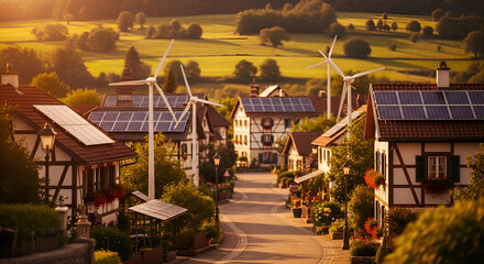 Modern village completely powered by renewable energy, small windmills and solar grids, warm lighting