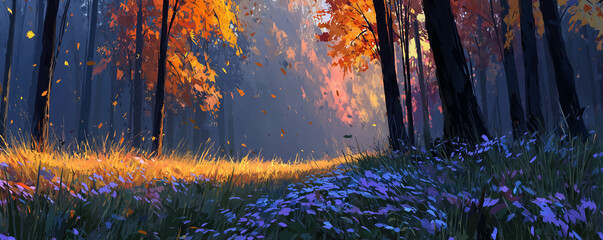 Autumn forest landscape with birch trees, evergreen pines, and golden grass in soft morning light