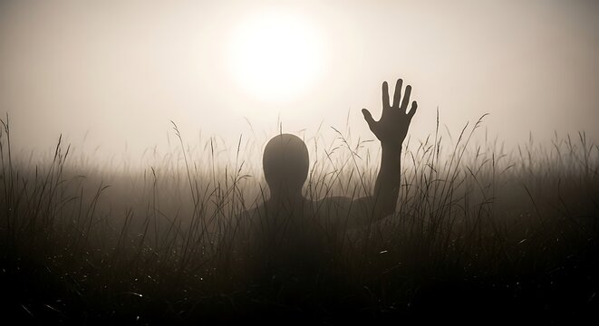 Mysterious silhouette of a person raising a hand in foggy field