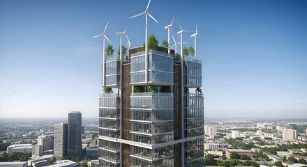 Futuristic vertical eco-friendly skyscraper with wind turbines integrated into its design