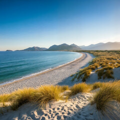 A picturesque coastal landscape with a sandy beach, turquoise waters, lush vegetation, and a clear blue sky with scattered clouds. The beach is surrounded by cliffs and rolling hills, creating a seren