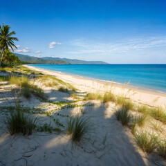 A picturesque coastal landscape with a sandy beach, turquoise waters, lush vegetation, and a clear blue sky with scattered clouds. The beach is surrounded by cliffs and rolling hills, creating a seren