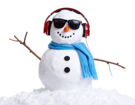 Snowman Wearing Headphones and Sunglasses in a Cool Pose, isolated on a transparent background.