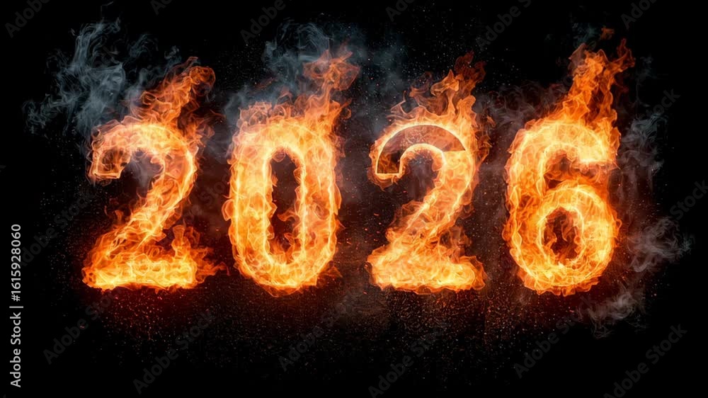 Poster the year is 2026 and it is written in flames. the image has a fiery and intense mood, as if it is a 