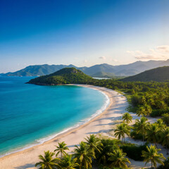 A picturesque coastal landscape with a sandy beach, turquoise waters, lush vegetation, and a clear blue sky with scattered clouds. The beach is surrounded by cliffs and rolling hills, creating a seren