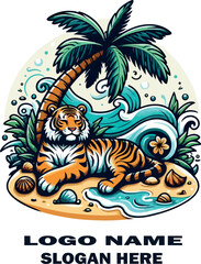 Colorful vector illustration of a relaxed tiger lounging under a beach palm tree .