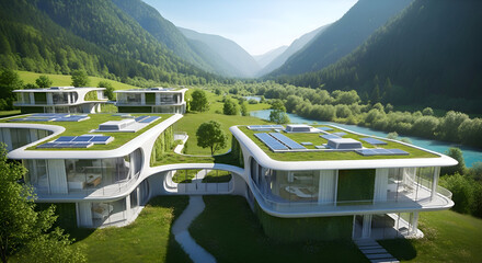 Concept art of futuristic energy-efficient eco-homes in a lush green valley