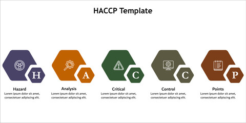 HACCP - Hazard, Analysis, Critical, Control, Points. Infographic template with icons and description placeholder