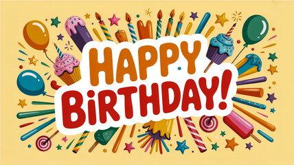 Colorful “Happy Birthday” banner with balloons, cupcakes, candies, stars, poppers