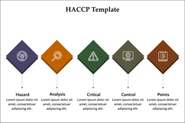 HACCP - Hazard, Analysis, Critical, Control, Points. Infographic template with icons and description placeholder