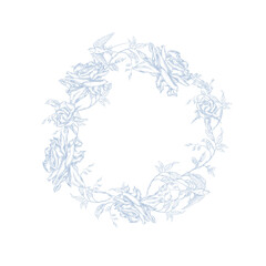 Vintage Toile de Jouy wreath with Blue flowers and Swallows.
