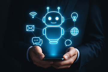 Professional holding smartphone displaying chatbot robot ai interface with futuristic communication icons and support tools for digital customer service automation