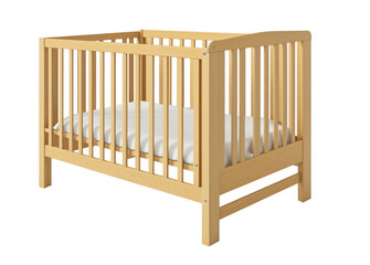 Modern wooden baby cot with white bedding and simple design isolated on transparent background