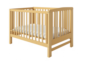 Modern wooden baby cot with white bedding and simple design isolated on transparent background