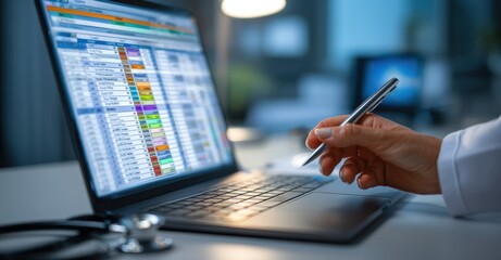 Professional woman doctor inputting patient medical information in laptop software, anatomy and health charts visible on screen, stethoscope placed nearby, close-up detail of pen near mouse in office