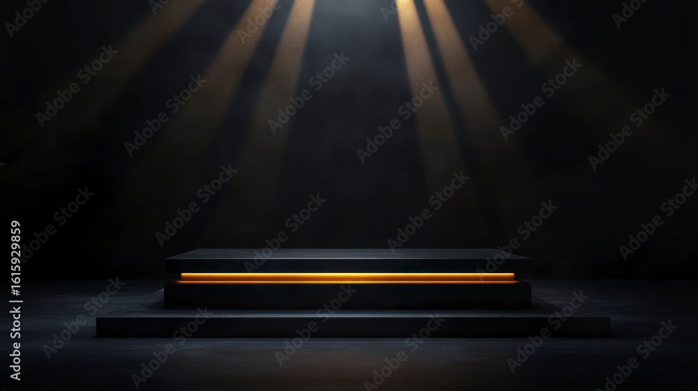 Sticker dark stage with illuminated platform, perfect for product display or presentation.