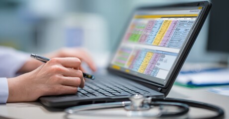 Woman healthcare professional at desk recording patient data into laptop system, anatomy information and health reports shown on screen, stethoscope nearby, close-up focus on pen and mouse area