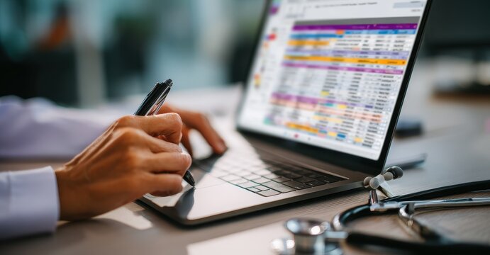 Female doctor in clinical environment typing on laptop, detailed patient records and anatomy charts on screen, stethoscope beside, hands holding pen near computer mouse for online data documentation - Powered by Adobe