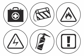 Safety Icons Collection First Aid Warning Fire Electricity Extinguisher Alert.