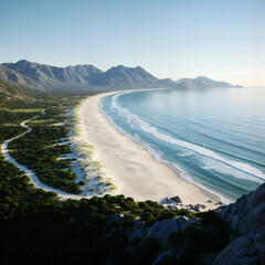 A picturesque coastal landscape with a sandy beach, turquoise waters, lush vegetation, and a clear blue sky with scattered clouds. The beach is surrounded by cliffs and rolling hills, creating a seren